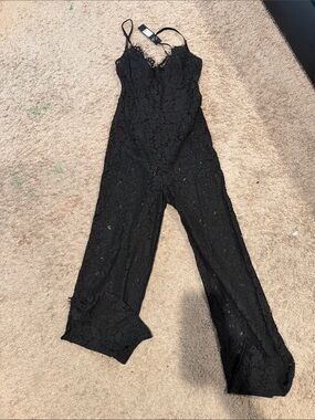 Fashion Nova Black Lace Wide-Leg Jumpsuit with Spaghetti Straps